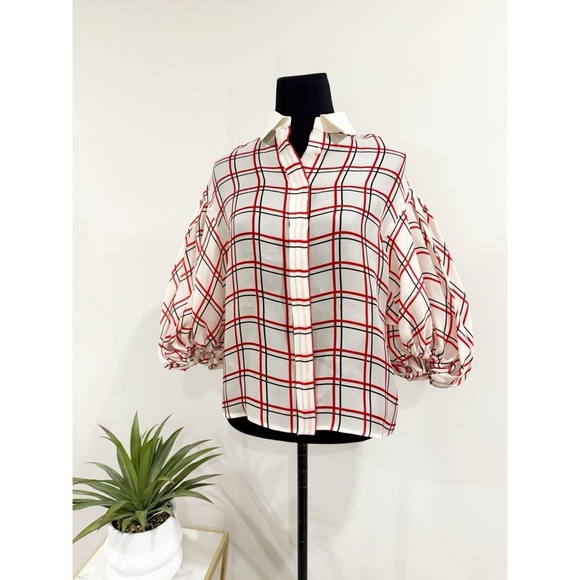 Dice Kayek Plaid Puff-Sleeve Collared Shirt- Red and White size S paid $1000 - Picture 1 of 12